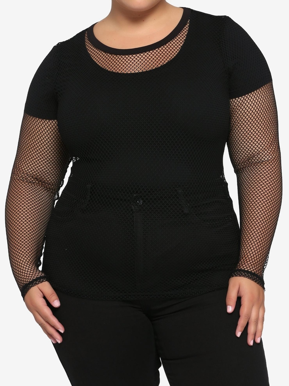 Midnight Hour Black Fishnet & Mesh Layered Long Sleeve Top - Plus Size